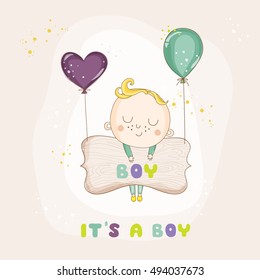 Cute Boy with Balloons. Baby Shower or Arrival Card, in vector