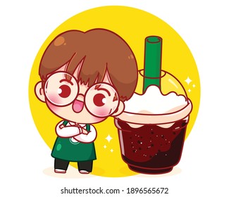 Cute boy Barista in apron with coffee cartoon character illustratio