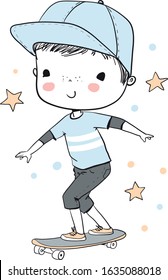 Cute boy in baseball cap riding on skateboard.