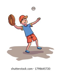 Cute boy baseball player catches ball. Catcher trains before competition. Child wearing baseball glove playing active sports game. Vector character illustration of american kid hobby, healthy leisure