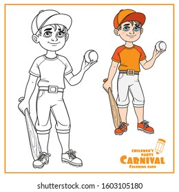 Cute boy in baseball suit with ball and bat cplpr and outlined for coloring page