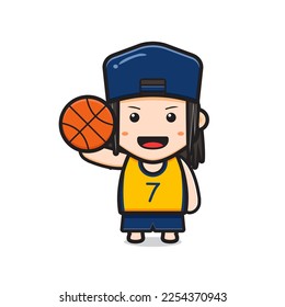 Cute boy basketball player holding ball cartoon icon vector illustration. Design isolated flat cartoon style