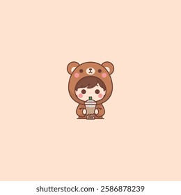 Cute boy with bear costume drinking bubble tea cartoon, vector illustration