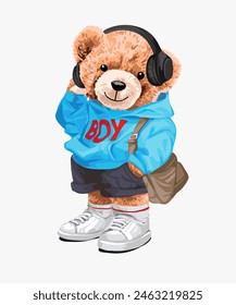 cute boy bear doll in blue hoodie and headphone hand drawn vector illustration