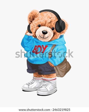 cute boy bear doll in blue hoodie and headphone hand drawn vector illustration