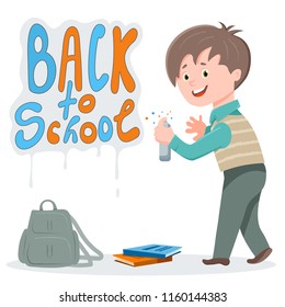 Cute boy bear in hand spray paint near wall splattered with graffiti lettering 'Back to school’ before lessons. Vector illustration colorful isolated on white background
