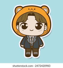 cute boy with a bear hat sticker cartoon vector, flat cartoon style