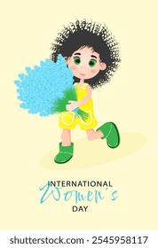 A cute boy with a beautiful blue bouquet of flowers. International Women's Day. Vector illustration
