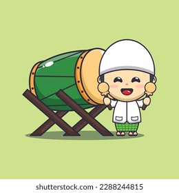 Cute boy with bedug drum cartoon vector illustration. Ramadan cartoon mascot vector illustration.