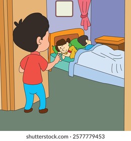 Cute boy bhai and sister waking up in the morning vector illustration