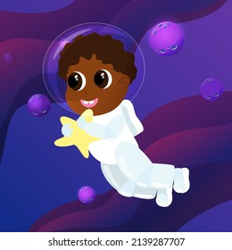 A cute boy with big eyes is dressed in an astronaut suit and a helmet. The child holds an asterisk in his hands and flies in outer space. Cartoon style illustration of the universe.