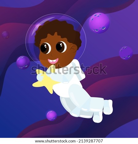 A cute boy with big eyes is dressed in an astronaut suit and a helmet. The child holds an asterisk in his hands and flies in outer space. Cartoon style illustration of the universe.