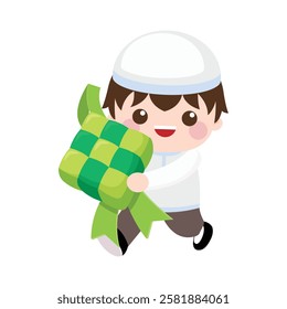 Cute boy with big ketupat Indonesian traditional food