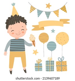 Cute boy with birthday elements on white background. Balloons, gift box, stars and birthday garland. Birthday party hand drawn vector illustration.