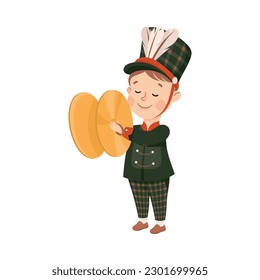 Cute boy in black traditional costume playing cymbals in marching band parade cartoon vector illustration