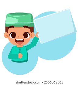 cute boy with blank banner on white background, vector illustration.