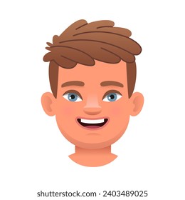 A cute boy with blond hair and blue eyes. The avatar of a smiling child. Vector illustration on a white background.