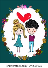 Cute boy and blond hair girl are in love in flower frame with big red heart in middle, for valentine, love, anniversary idea and T Shirt printing. 