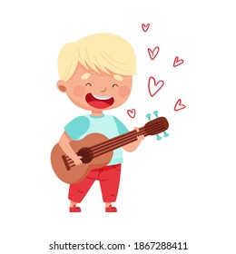 Cute Boy with Blonde Hair Playing Guitar and Singing Love Song Vector Illustration