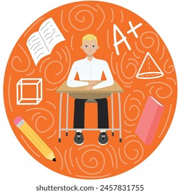 Cute boy with blonde hair sitting at a school desk, near mark book pencil cube, on orange circle. Back to school edition. Flat vector