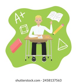 Cute boy with blonde hair sitting at a school desk near book pencil mark. Back to school edition. Flat vector. Background green