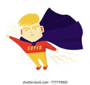 Cute Boy Blondes Super hero purposefully move the target. He flies his hand forward