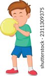 cute boy blowing balloons on white background