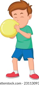 cute boy blowing balloons on white background