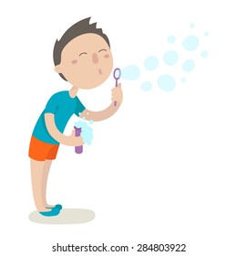 Cute boy blowing bubbles. Flat design. Vector illustration. Isolated on white background.