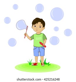 Cute boy blowing bubbles. hand drawn illustration