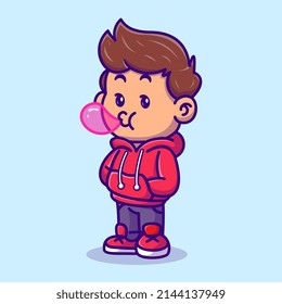 Cute Boy Blowing Candy Bubble Cartoon Vector Icon Illustration. People Fashion Icon Concept Isolated Premium Vector. Flat Cartoon Style