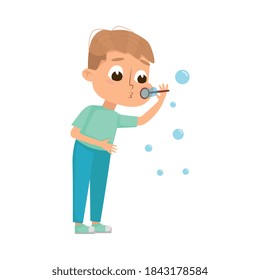 Cute Boy Blowing Soap Bubbles Through Wand, Adorable Little Kid Playing with Soap Bubbles Cartoon Style Vector Illustration