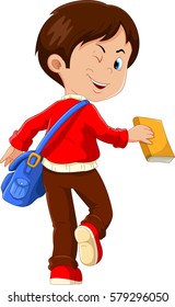 Cute boy with a blue bag and a book in his hands go to school, back view