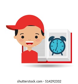 cute boy book open clock vector illustration eps 10