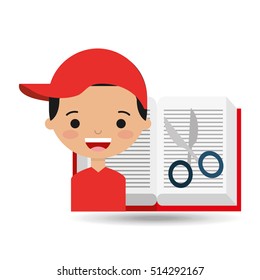 cute boy book open scissors vector illustration eps 10