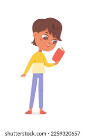 Cute Junge mit Buch, Vektorgrafik. Cartoon einzeln stehende Kinder, die ein Papierbuch mit rotem Umschlag halten, um laut zu lesen oder Lied-by-Note zu singen, ein liebliches Kind, das in der Schule liest und studiert