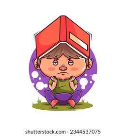 cute boy bored studying cartoon mascot vector illustration