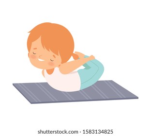 Cute Boy in a Bow Pose, Adorable Kid Practicing Yoga, Active Healthy Lifestyle Vector Illustration
