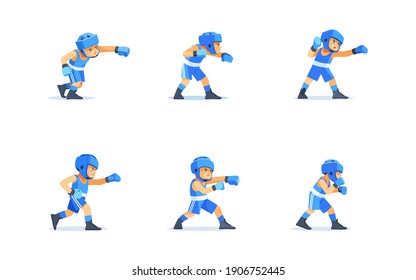 Cute boy Boxer character design in different poses. Cartoon vector illustration isolated on white background.