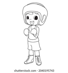 Cute boy in boxing player uniform illustration isolated on white background ,coloring book