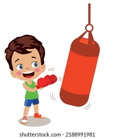 cute boy boxing punching bag