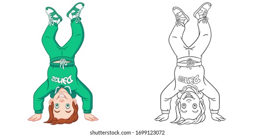 Cute boy break dancer. Coloring page and colorful clipart character. Cartoon design for t shirt print, icon, logo, label, patch or sticker. Vector illustration.