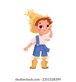 Cute Boy in Bright Halloween Strawman Costume Celebrate Holiday Vector Illustration