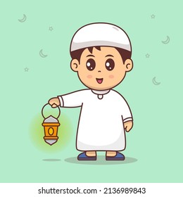 Cute Junge bringen Laterne feiern ramadan mubarak, eid mubarak Cartoon Vektorgrafik. flacher Cartoon-Stil