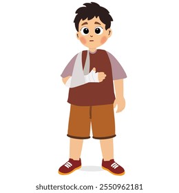 cute boy with broken arm in flat design on white background. Injured child with bandage arm. a cast on his arm due to an accident