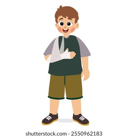 cute boy with broken arm in flat design on white background. Injured child with bandage arm. a cast on his arm due to an accident