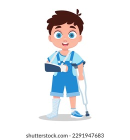Cute boy with broken arm, broken leg