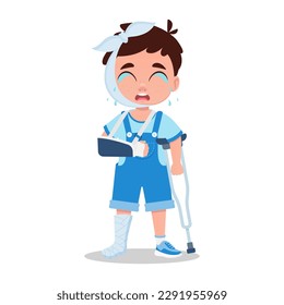 Cute boy with broken arm, broken leg