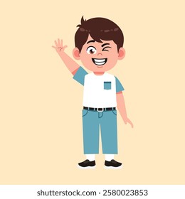 Cute Boy with Brown Hair cartoon wave hand and say hello