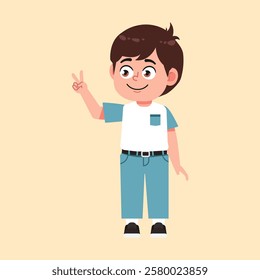 Cute Boy with Brown Hair cartoon peace and two sign suitable for education purpose